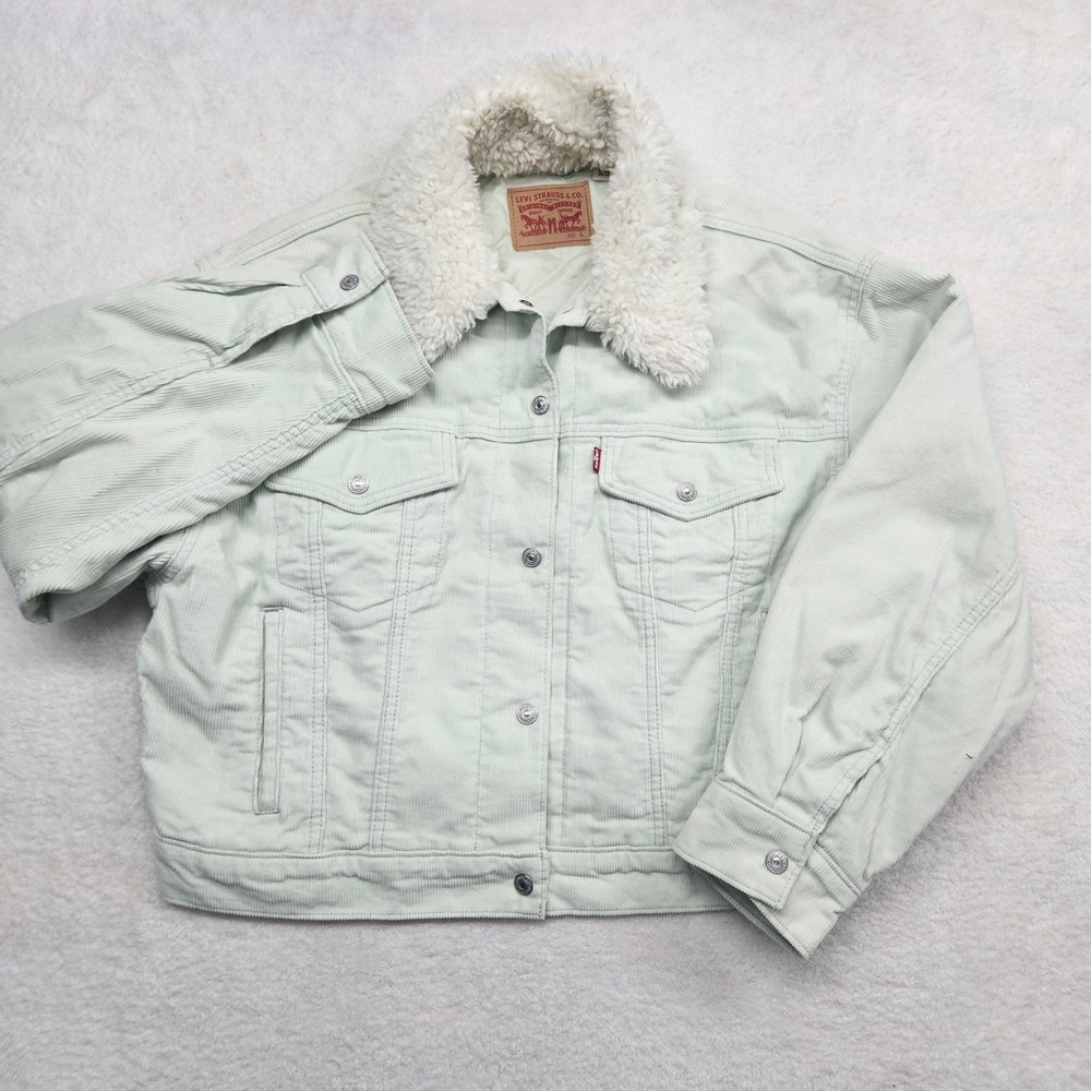 Levis Womens Corduroy Trucker Jacket Mint Green Sherpa Collar Quilted Lined L